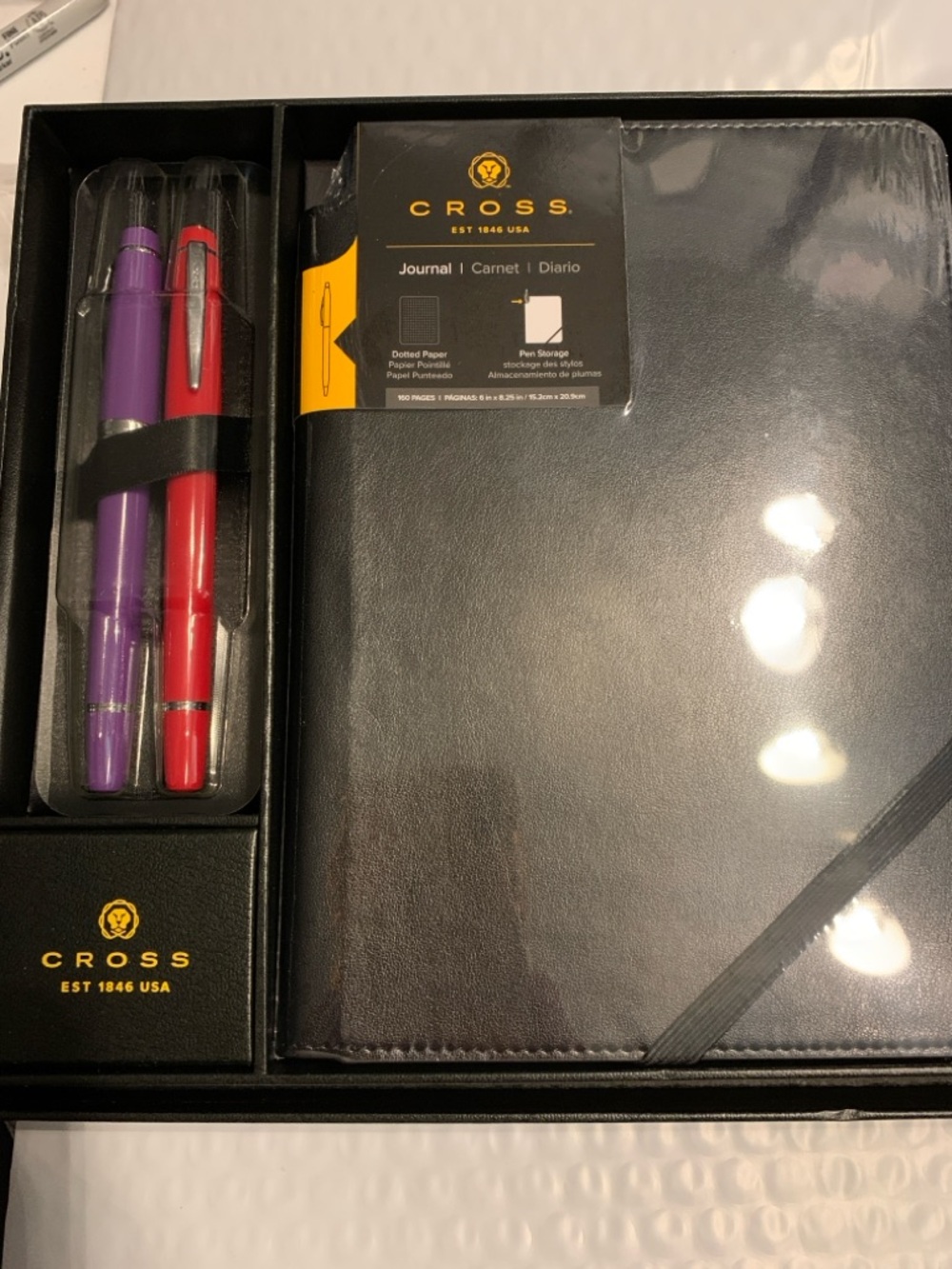 CROSS NEW BAILEY LITE PURPLE AND RED ROLLERBALL PENS WITH JOURNAL NIB GIFT SET